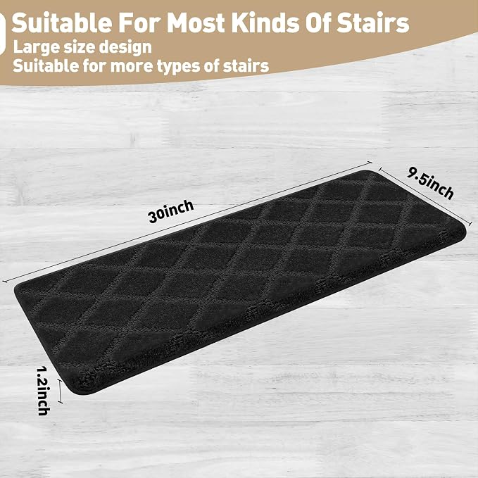 PURE ERA Bullnose Carpet Stair Treads Tape Free Non-Slip Indoor Stair Protectors Pet Friendly Stair Treads for Wooden Steps 9.5" x 30"(14 Pieces,Black Diamond Trellis)