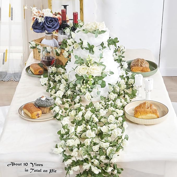 PONKING 6 Pcs x 8.2 ft Flower Garland Artificial Rose Vine Flowers with Green Leaves Hanging Fake Roses Vine for Room Party Home Wedding Birthday Christmas Wall Arch Decor, Spring White Flower