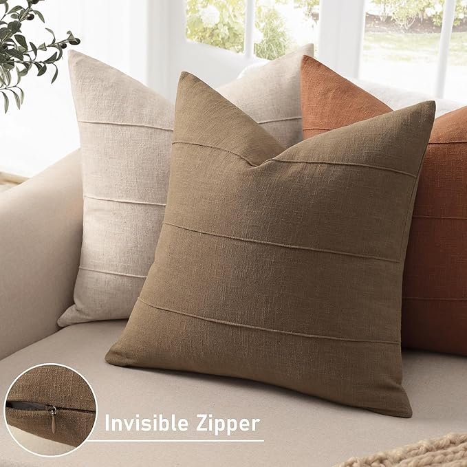 ZWJD Decorative Linen Throw Pillow Covers 24x24 Set of 2 Solid Handcrafted Striped Cushion Covers for Bed Soft Modern Farmhouse Neutral Pillowcase for Couch Bedroom Living Room Home Decor(Coco Brown)