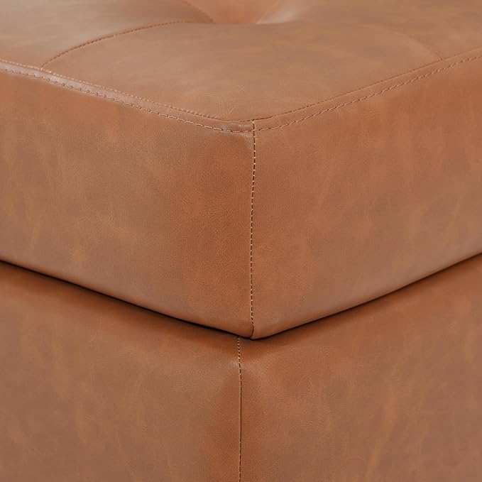 Christopher Knight Home Dalla Faux Leather Ottoman Coffee Table, Small Living Room Sofa Footrest, Wooden Rectangular Ottoman Footstool, Guest Extra Seat, Tan Brown+Walnut