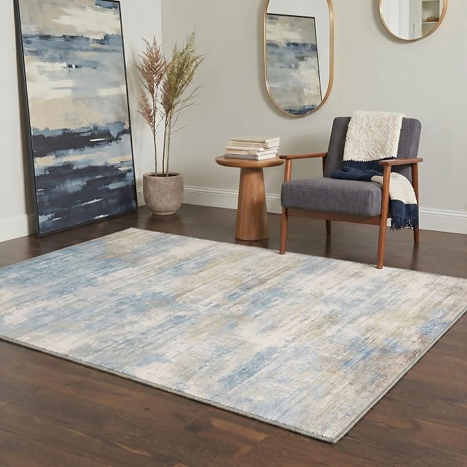BEIMO Area Rugs 5x7 for Living Room Bedroom, Modern Abstract Machine Washable Rug, Large Soft Low Pile Floor Cover with Non Slip Backing for Dining Room, Dusty Blue Beige
