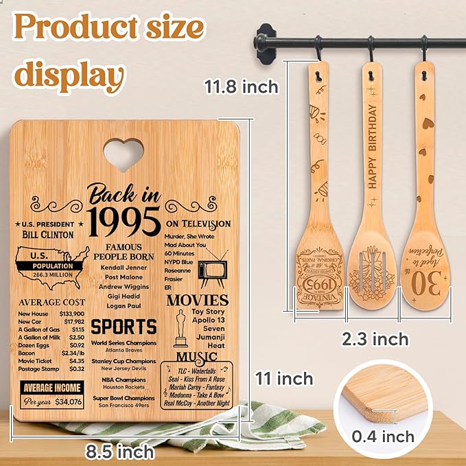 30th Birthday Gifts for Women - "Back in 1995" 30th Birthday Gifts for Men Cutting Board, Bamboo-Made Engraved "Year 1995 News" 30th Birthday Gifts