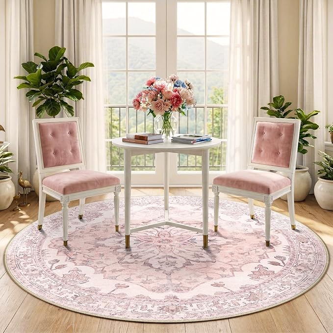 RELEANY Area Rugs 5ft Washable Non-Slip, Floral Vintage Distress Print Pattern Medallion Carpet for Living Room Bedroom Dining Room, Pink Greypink Cute