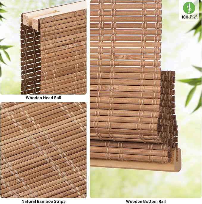 LazBlinds Cordless Bamboo Roman Shades for Windows, 46'' W x 60'' H | Natural Light Filtering Bamboo Window Blinds, Bamboo Blinds for Bedroom Living Room Office Indoor