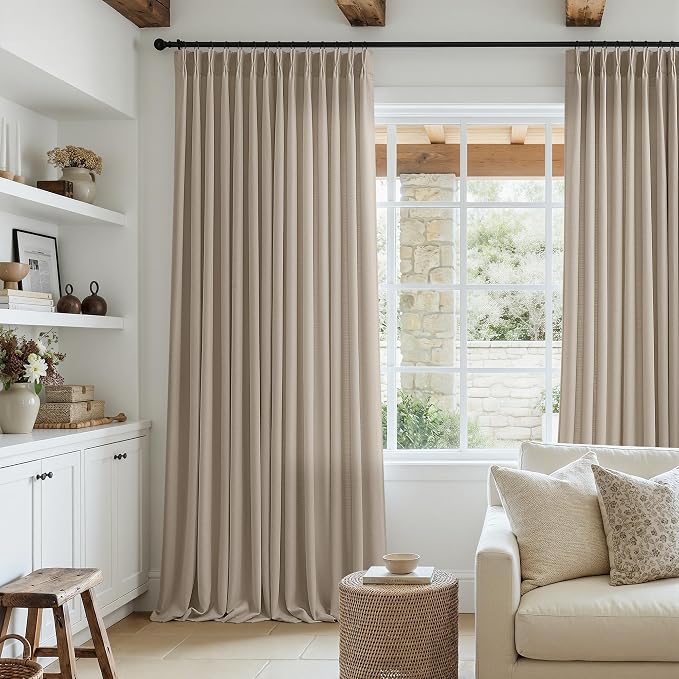 Burlywood Birch Pinch Pleat Linen Curtain 105 Inches Long for Living Room Back Tab Neutral Vintage Rustic Farmhouse Curtain Burlap Textured 105 Inch Tan Pinch Pleated Drape for Dinning Room Bedroom