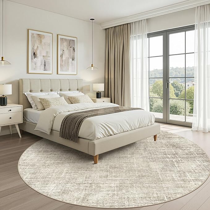 6ft Round Rug Living Room: 6x6 Washable Large Neutral Brown Circle Area Rug Abstract Soft Modern Stain Resistant Indoor Floor Non-Slip Carpet for Bedroom Nursery Kids Office Playroom Dining Room