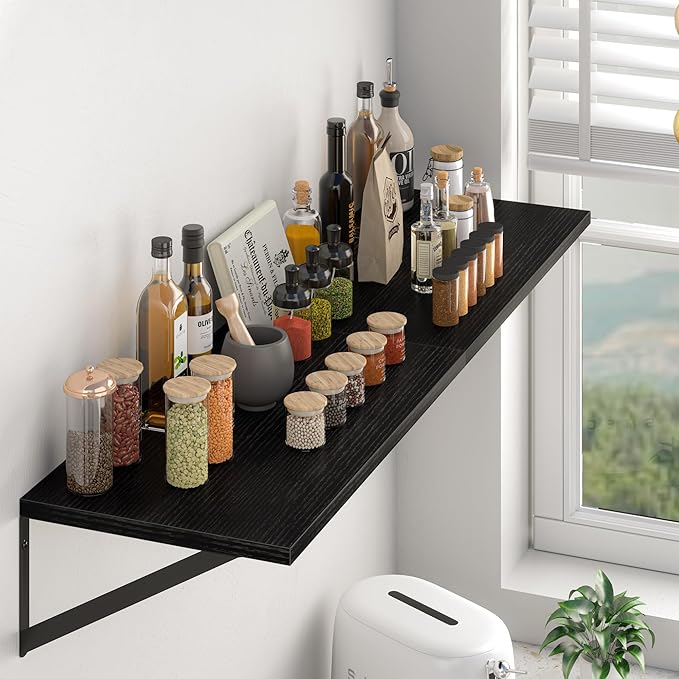 Heimlove Black Deep Floating Shelves for Wall, 40W x 12D Wood Wall Shelves Set of 2, Wide Floating Bookshelf for Living Room, Kitchen, Office, Bedroom and Decor Storage, with Metal Bracket - Black
