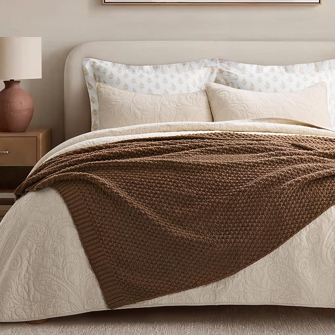 EVERGRACEHOME Chunky Chenille Knit Throw Blanket for Couch, Soft Luxurious Moss Stitch Blankets for Bed, Cozy Decorative Farmhouse Knitted Throws for Sofa, Burnt Orange, 50" x 60"