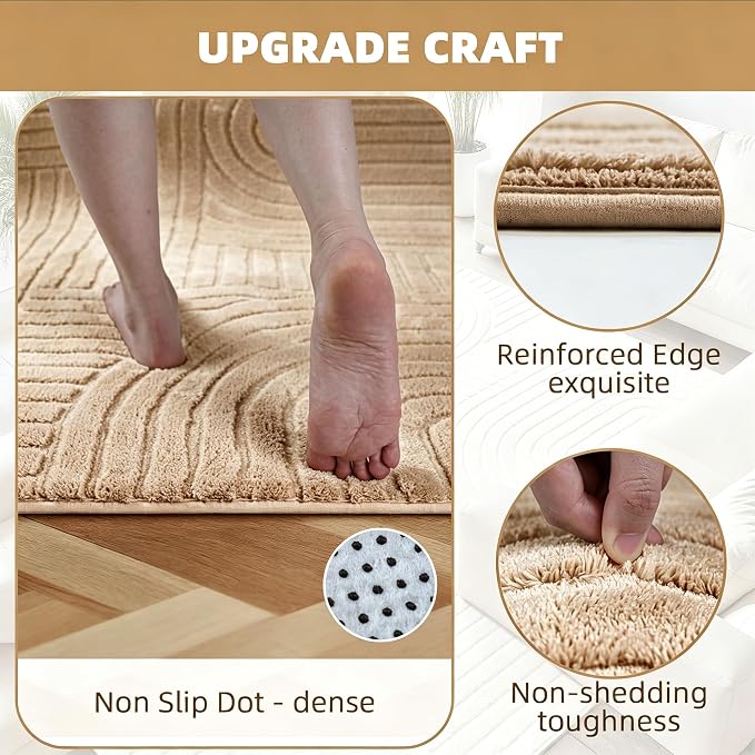 Brown Geometric 5x7 Solid Area Rug, Washable for Living Room Bedroom | Ultra Soft Thick Boho High-Low Pile Texture Indoor Carpet, Fluffy, Non-Slip Rugs for Bedroom, Kids Room, Nursery, Home Office