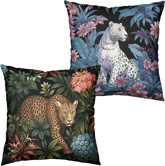 Leopard Pillow Covers Summer Tropical Cheetah Pillow Cases 22x22 Set of 2 Jungle Animal Print Throw Pillow Covers Floral Pink Daisy and Palm Leaves Cushion Cases for Sofa Porch