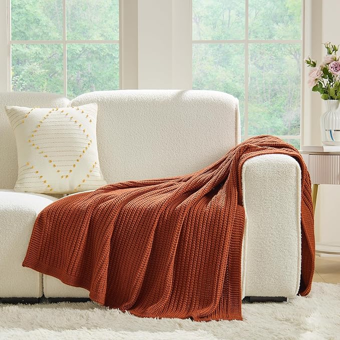 Chunky Knit Rust Orange Throw Blanket 60"x80" Soft Cozy Lightweight Knitted Blanket for Couch Sofa Bed, Cute Decorative Spring Throw for Living Room