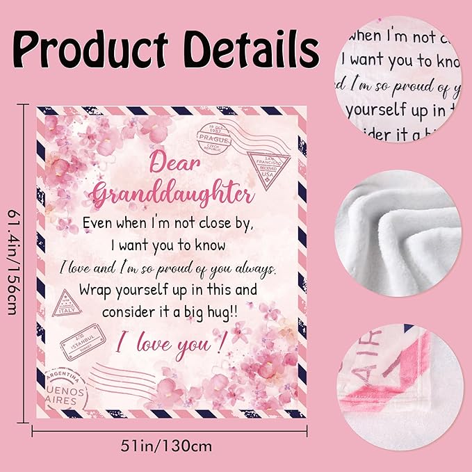 Granddaughter Gifts from Grandma Throw Blanket, Pink Floral Love Letter Postcard Design Soft Cozy Fuzzy Flannel Blanket, Christmas Birthday Gift for Granddaughter (50" x 60")