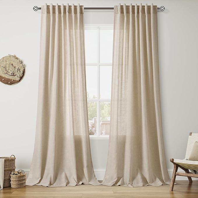 Taupe Burlywood Linen Curtains for Living Room 98 Inches Long Light Filtering Semi Sheer Curtain Back Tab Rustic Luxury Neutral Modern Farmhouse Decor Drapes for Bedroom Dinner Room 52x98, 2 Panels