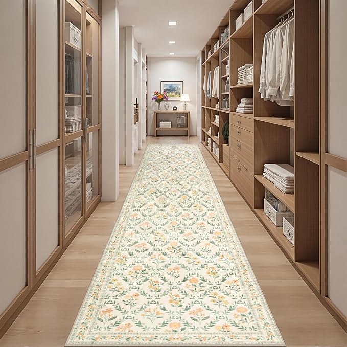 Runner Rug for Entryway: 2.6x14 Kitchen Rugs Non Slip Washable Ultra-Thin Soft Floral Carpet Indoor Floor Stain Resistant Carpets for Hallway Bedroom Kitchen Laundry Bathroom Dorm Beige/Multi
