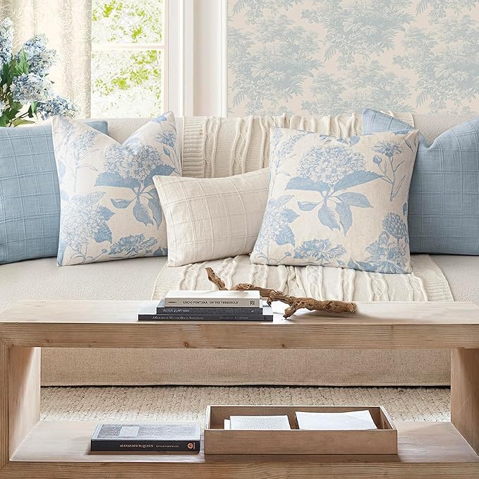 Foindtower Set of 2 Linen Floral Vintage Throw Pillow Covers Neutral Accent Decorative Cozy Cushion Covers Farmhouse Boho Home Decor for Sofa Chair Couch Bedroom Living Room,20×20 Inch,Sky Blue