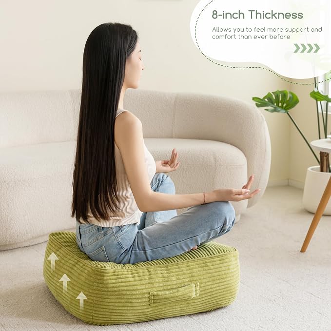 HIGOGOGO 8" Extra Thick Floor Pillow Cushion for Adults, Meditation Cushion Pillow, Large Square Floor Sitting, Tufted Corduroy Cover, for Tatami Living Room or Yoga, 22x22 Inch, Green