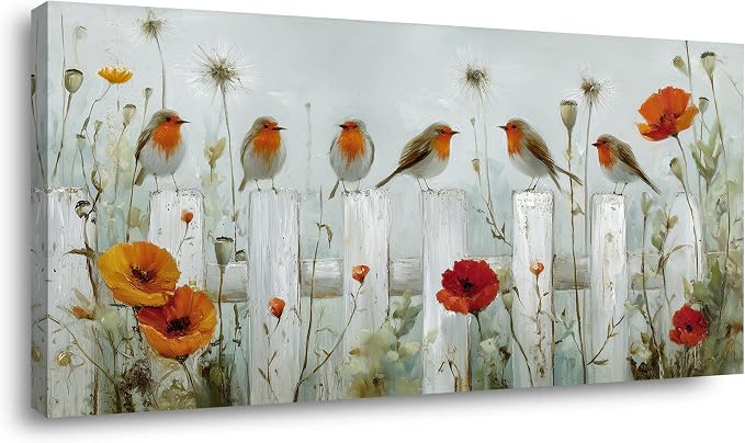 Ggaafet Garden Birds Wall Art for Living Room Canvas Oil Painting Prints Cute Sparrow on Fence Art Deco Nature Artwork Office Bedroom Family Dining Room Decor Extra Large