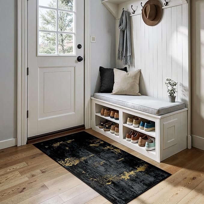 RELEANY Washable Area Rugs 2'x5' Non-Slip Modern Abstract Soft for Living Room Entryway Bedroom Nursery, Print Pattern, Dark Black Gold