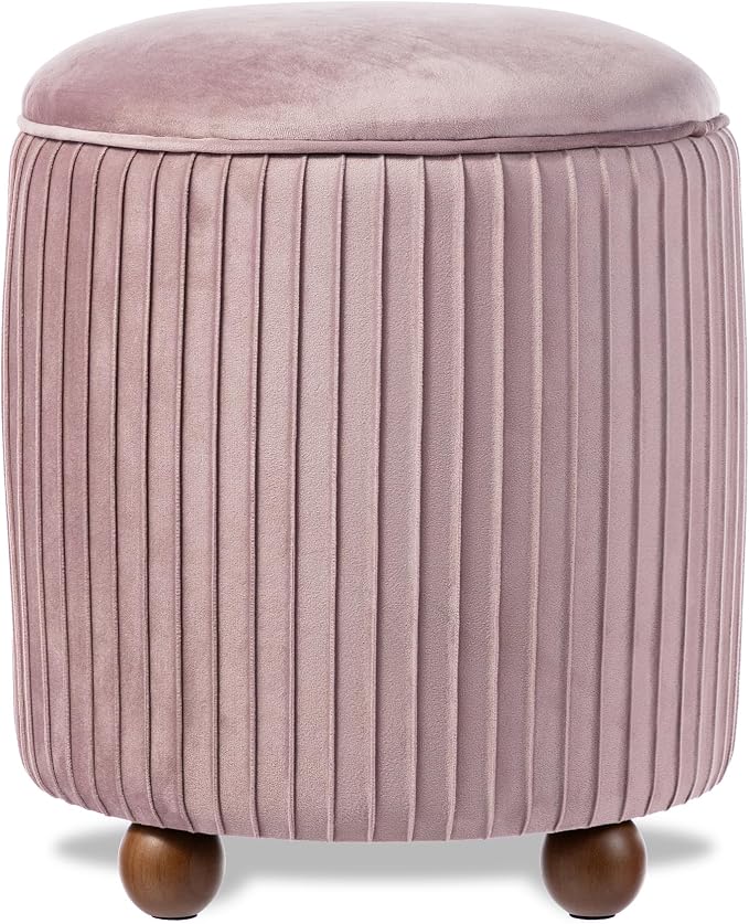 Glitzhome Round Ottoman with Storage, Pleated Velvet Small Foot Stool, Modern Accent Stool Upholstered Vanity Stool with Rubberwood Ball Feet for Bedroom Living Room Dorm Room, Dusty Pink