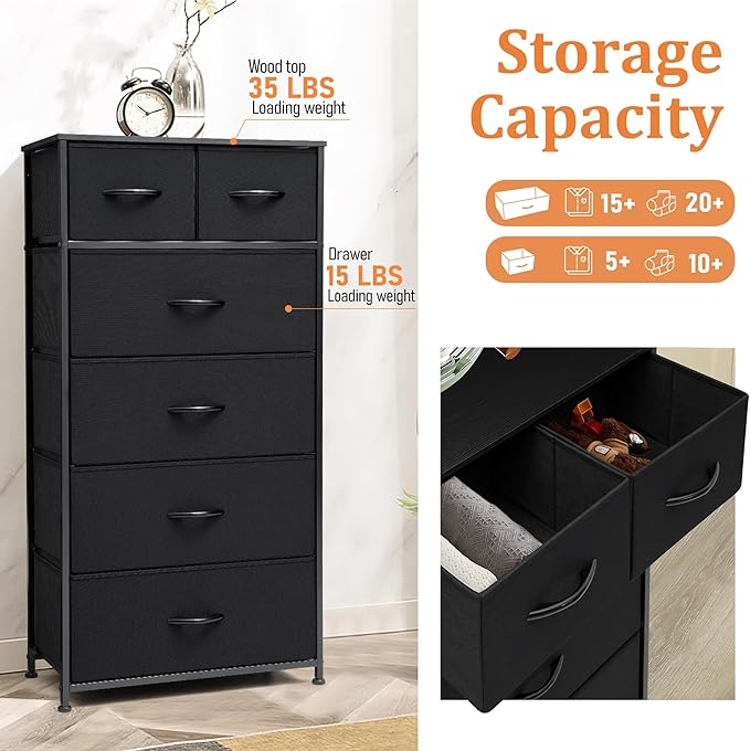 Fabric Dresser for Bedroom, Tall Skinny Dresser with 6 Drawers, Storage Organizer Tower, Steel Frame Wooden Top for Closet, Living Room, Hallway, Nursery(Black)