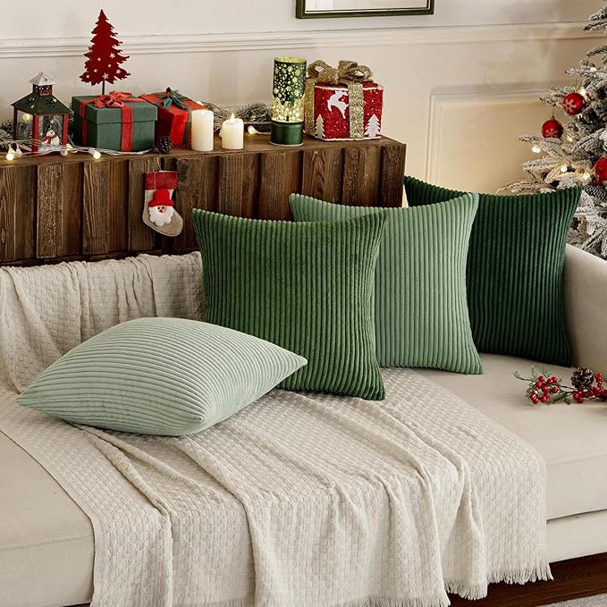 MIULEE Boho Farmhouse Sage Green Throw Pillow Covers 20x20 Inch Set of 4 Mordern Nordic Cushion Covers Soft Corduroy Spring Home Decor for Couch Bed Sofa Living Room Forest Green