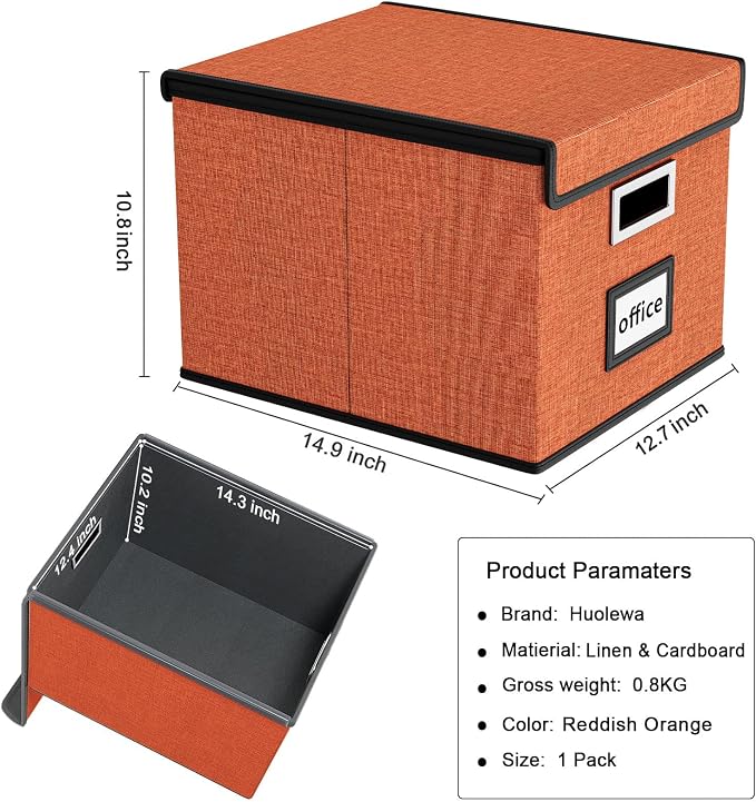 File Organizer Box with Lid, Collapsible File Folder Organizer for Office Document Storage, Filing Box with Plastic Slide for Letter Size Hanging File Folders(1 Pack, Reddish Organge)