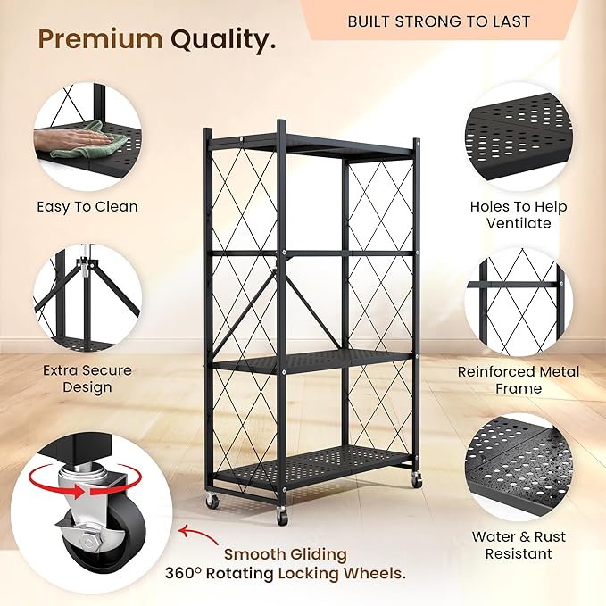Our Modern Space 4-Tier Foldable Storage Shelf with Wheels | Metal Rack Collapsible Shelving Display | Rolling Cart for Books Kitchen Storage Shelves | Pantry & Closet Organizer | Office Room Decor