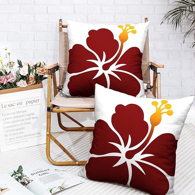 Floral Linen Square Throw Pillow Covers 24x24 Tropical Plant Decorative Pillow Casa Red Flowers Petals Cushion Covers for Couch Patio Car Home Decor 2 Pack, White