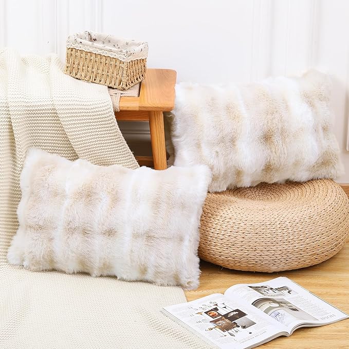 MADIZZ Pack of 2 Thick Plush Faux Wool Throw Pillow Covers Soft Boho Throw Pillows Luxurious Cushion Covers for Couch Sofa Bedroom Living Room Home Decor 12x20 Inch White Beige
