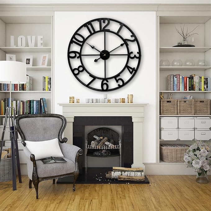 CLXEAST 24 Inch Wall Clocks for Living Room Decor, Large Black Metal Wall Clock Battery Operated, Silent/Non Ticking, Regular Arabic Numeral
