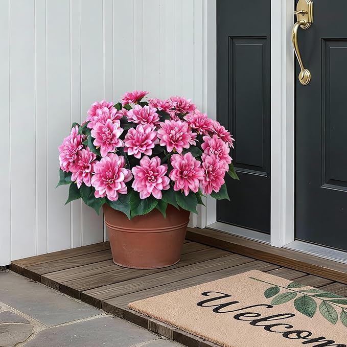 VIERENA 8 Bundles Artificial Dahlia Flowers for Outdoors Spring Summer Decor, No Fade Silk Flower Faux Dahlias Plant Arrangement for Home Garden Balcony Farmhouse（Pink）
