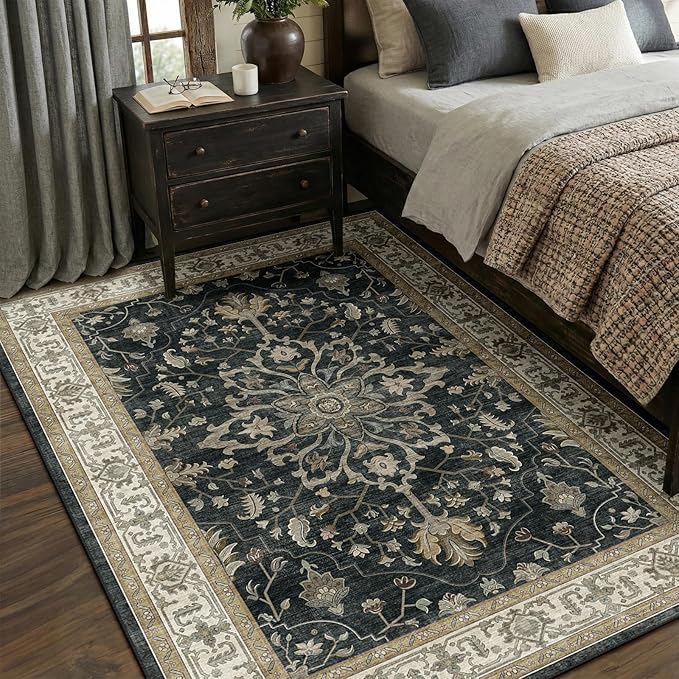 RELEANY Area Rugs 5'x7' Washable Non-Slip, Floral Vintage Distress Print Pattern Medallion Carpet for Living Room Bedroom Dining Room, Vintage Black Brown Neutral