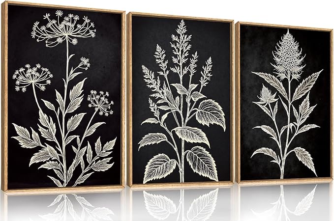 HPNIUB Black and White Sketch Floral Framed Canvas Wall Art Set | Vintage Minimalist Botanical Flower, Moody Wildflower Leaf Artwork, Living Room, Bedroom, Office, 24''x36''x3