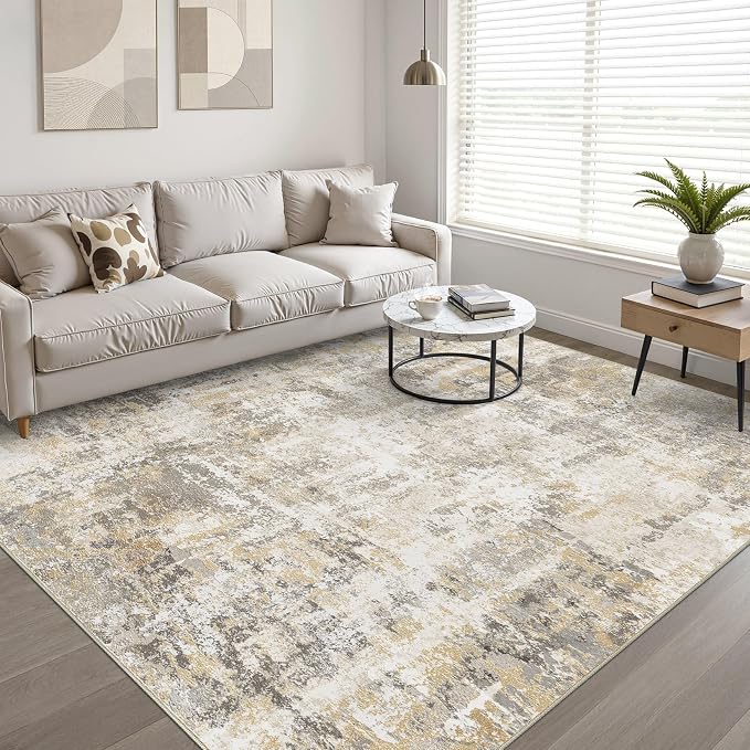 6x9 Area Rugs Living Room: Washable Large Neutral Gray Gold Rug Abstract Soft Modern Stain Resistant Indoor Floor Non-Slip Carpet for Bedroom Nursery Kids Office Playroom Dining Room Under Table Home