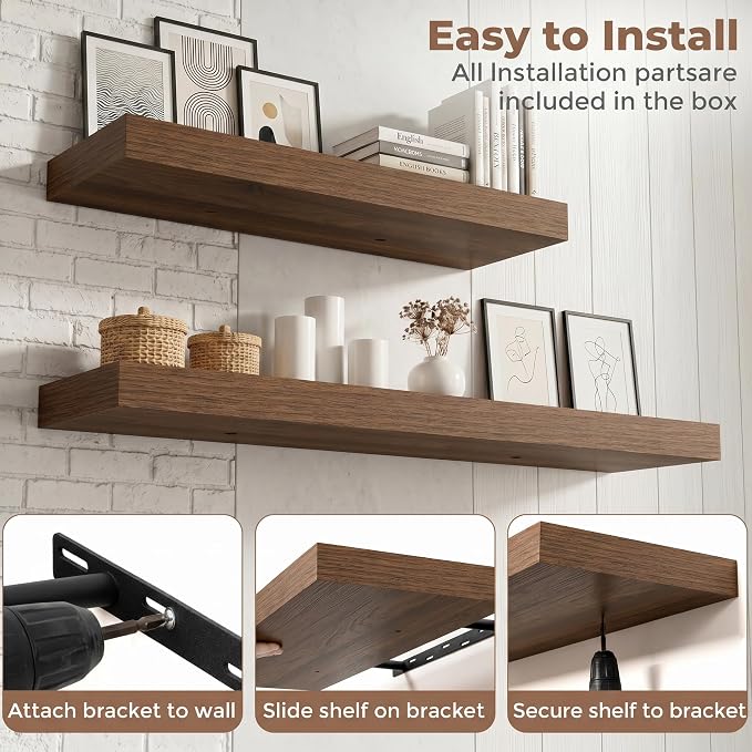 16 Inch Floating Shelves for Wall, 8"D Wood Storage Shelves, Walnut Finish | Engineered Wood, Invisible Bracket, Large Storage, Easy Install, Hold Up to 33lbs, Living Room, Bathroom, Bedroom, Kitchen