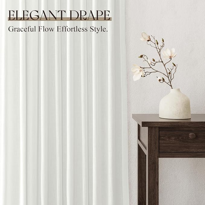 Jowels Ivory Linen Curtains 96 Inch Long 2 Panels for Living Room | White Light Filtering Semi Sheer Curtain,Back Tab Pocket Pleated Look,Farmhouse Textured Privacy Drapes for Bedroom Window