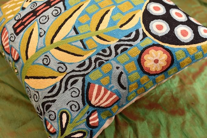 Turquoise Tree of Life Throw Pillow Cover Karla Gerard Plant Pillowcase Deer Design Cushion Green Teal Flower Animal Face Cushion Flower Pillowsham Hand Embroidered Wool 18x18 Inch