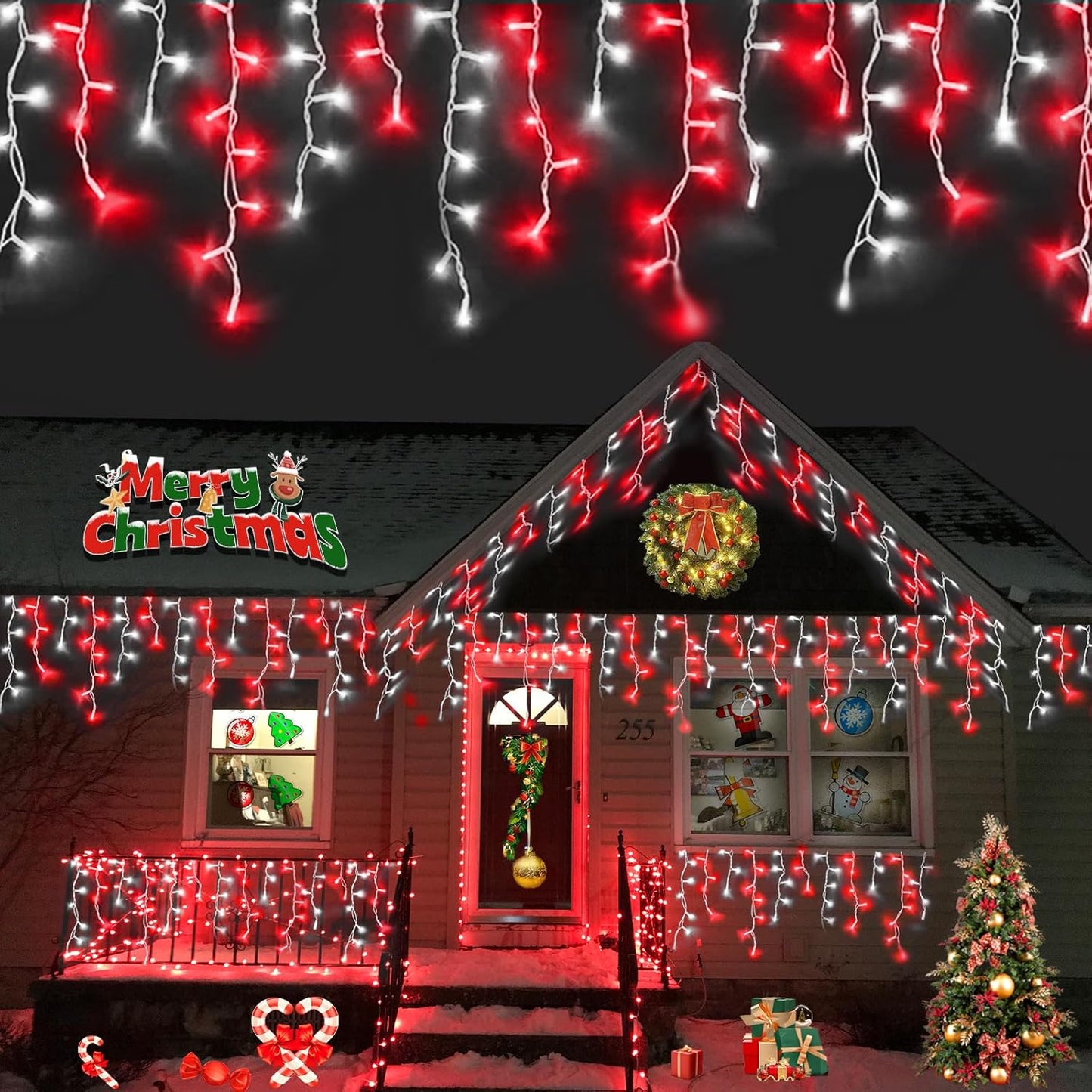 YEGUO 33ft 400 LED Red and White Icicle Lights Outdoor Waterproof, 80 Drops Icicle String Lights Connectable, 8 Modes Icicle Christmas Lights with Memory