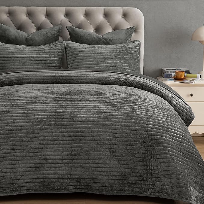 PHF Luxury Velvet Quilt Set King Size – 3PCS Ultra Soft Quilted Comforter Alternative with Striped Channel, Cozy Quilted Bedspread, 1 Coverlet with 2 Matching Shams, 108" x 92", Grey