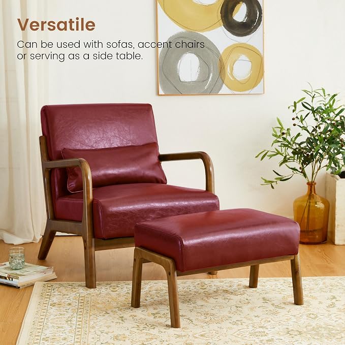Glitzhome 2 Set Foot Stool Ottoman, Modern Leatherette Sofa Stool Vanity Chair with Rubber Wood Frame, Footrest Ottoman Bench for Living Room, Entryway, Wine Red