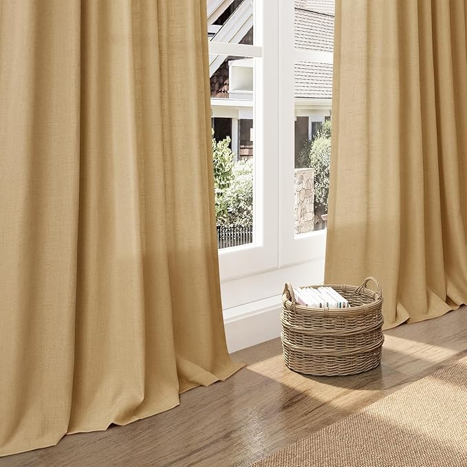 Gold Yellow Linen Curtains 108 Inches Long for Living Room 2 Panels Set Extra Long Back Tab Curtain Semi Sheer Light Filtering Gold Yellow Drapes Floor to Ceiling Curtains for Large Windows 52x108
