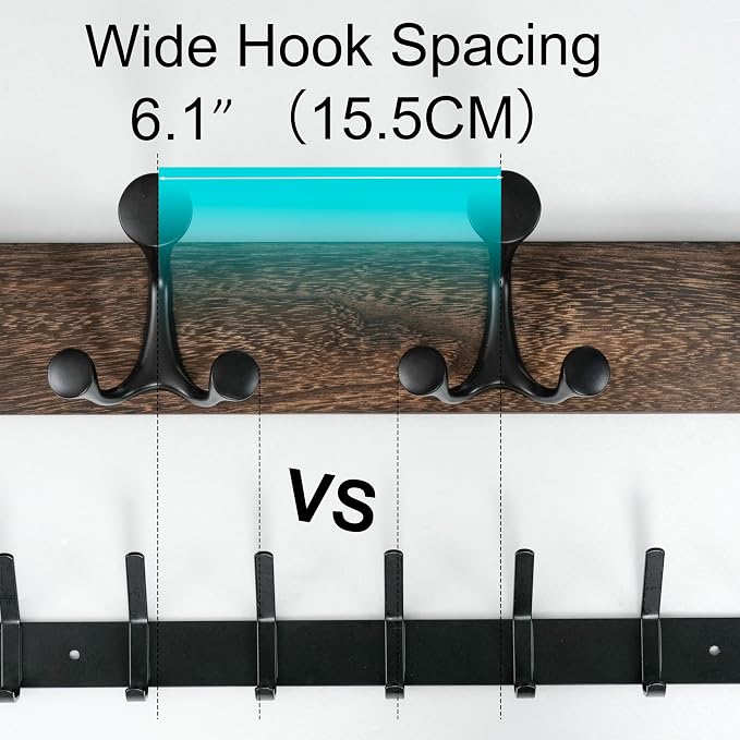 WEBI Coat Rack Wall Mount,36" Solid Wood Coat Hooks Wall Mounted Coat Hanger,16" Hole to Hole,Heavy Duty Hook Rack Rail,6 Triple Hooks for Hanging Coats,Jacket,Clothes,Hat,Weathered Brown,2 Packs