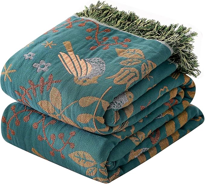 Boho Throw Blanket for Bed Couch,100% Cotton Reversible Summer Quilt, Birds and Floral Breathable Muslin Blankets,90"×108" Extra Large Lightweight sofa Throws for 3 4 Seater with Tassels,Teal