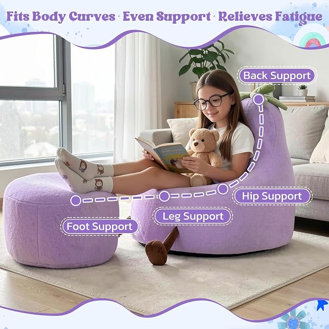 2FT Memory Foam Bean Bag Chair - Ultra Soft Faux Rabbit Fur Round Sofa with Handle & Machine Washable Cover, Comfy Lazy Chair for Kids Teens, Perfect for Reading Gaming in Living Room Bedroom, Purple
