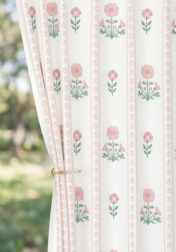 THREE GIRLS Pinch Pleated Light Filtering Linen Blend Floral Block Print Curtains for Girls Room, Nursery, Living Room, Modern Farmhouse, Memory Trained, Hooks, 2 Panels Set, 40"x120", Pink