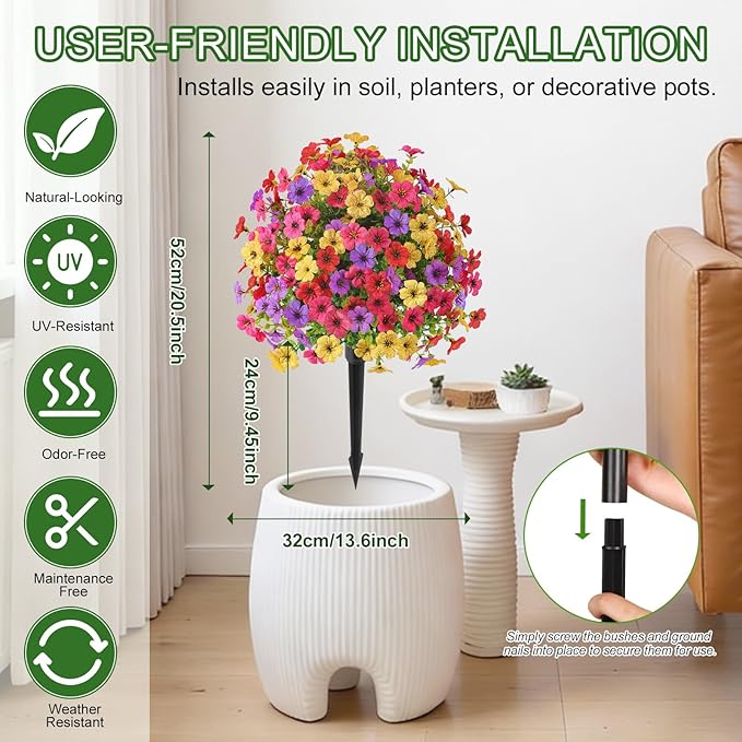 Alupssuc 2Pcs 20" Artificial Topiary Ball Flowers For Outdoors Planters, Spring Decoration with Spike, UV Resistant Faux Summer Plants, Fake Bushes Indoor Decor, Mix 4 Colors for Garden, Porch & Patio