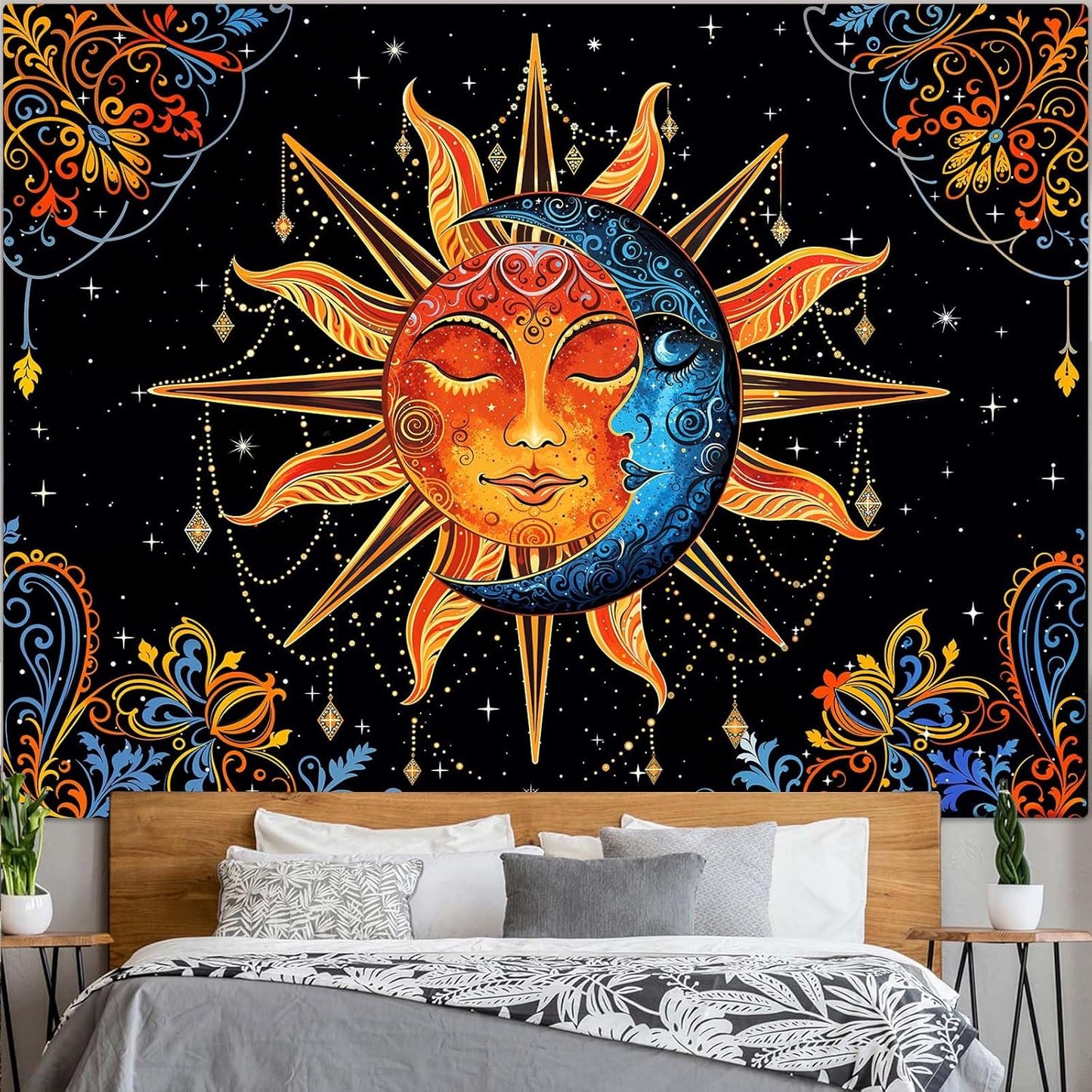 Lunerfex Sun and Moon Tapestry Mandala Wall Tapestry, Cute Tapestries for Bedroom Ceiling Tapestries Wall Hanging for Bedroom Living Room Decor Sun-1 60"x80"