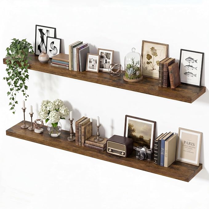 Vivelove Wall Floating Shelves for Display with Invisible Brackets, Long Large Floating Shelves Under TV Over Fireplace Bedroom Living Room Office, 55”X 8”X 1.4", Set of 2 - Rustic Brown