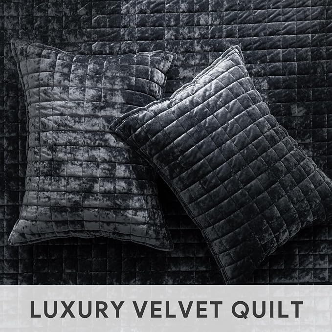 RECYCO Luxury Velvet Quilt Set King Size Bedding Sets, Ultra Soft Velvet Comforter Set, Lightweight Channel Box Stitch Oversized Bedspread Coverlet for All Season, with 2 Shams, Black
