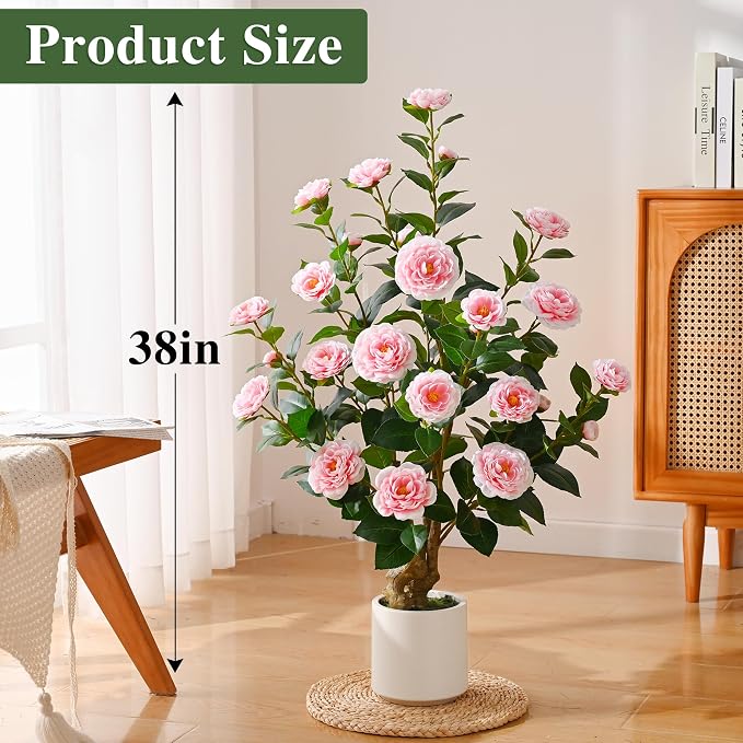 2 Pack 38" Artificial Camellia Tree, Artificial Plants Outdoor Faux Plants in Pot, Artificial Flower for Outdoors Front Porch Decor, Fake Tree Plant Faux Flowers for Indoor Outdoor Home Decor, Pink